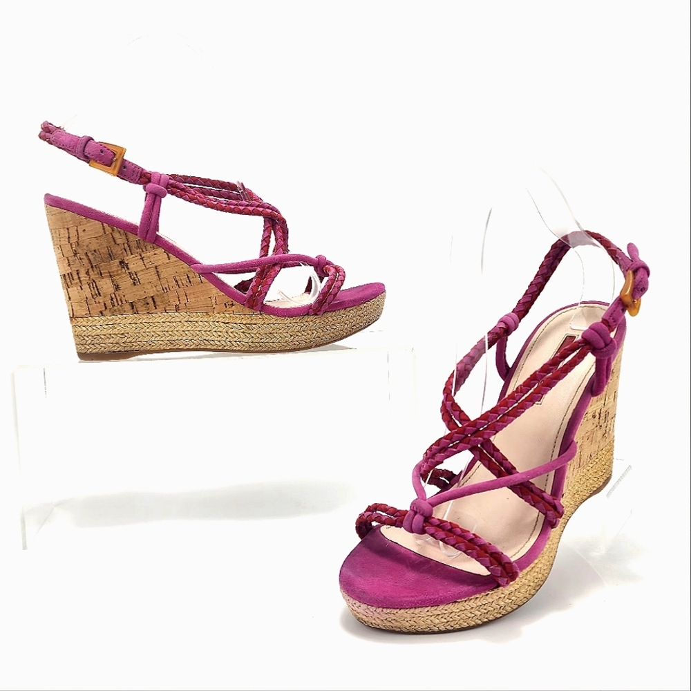 PRADA - Wedge sandals, pink, ankle strap, 4.25" heel, size 8